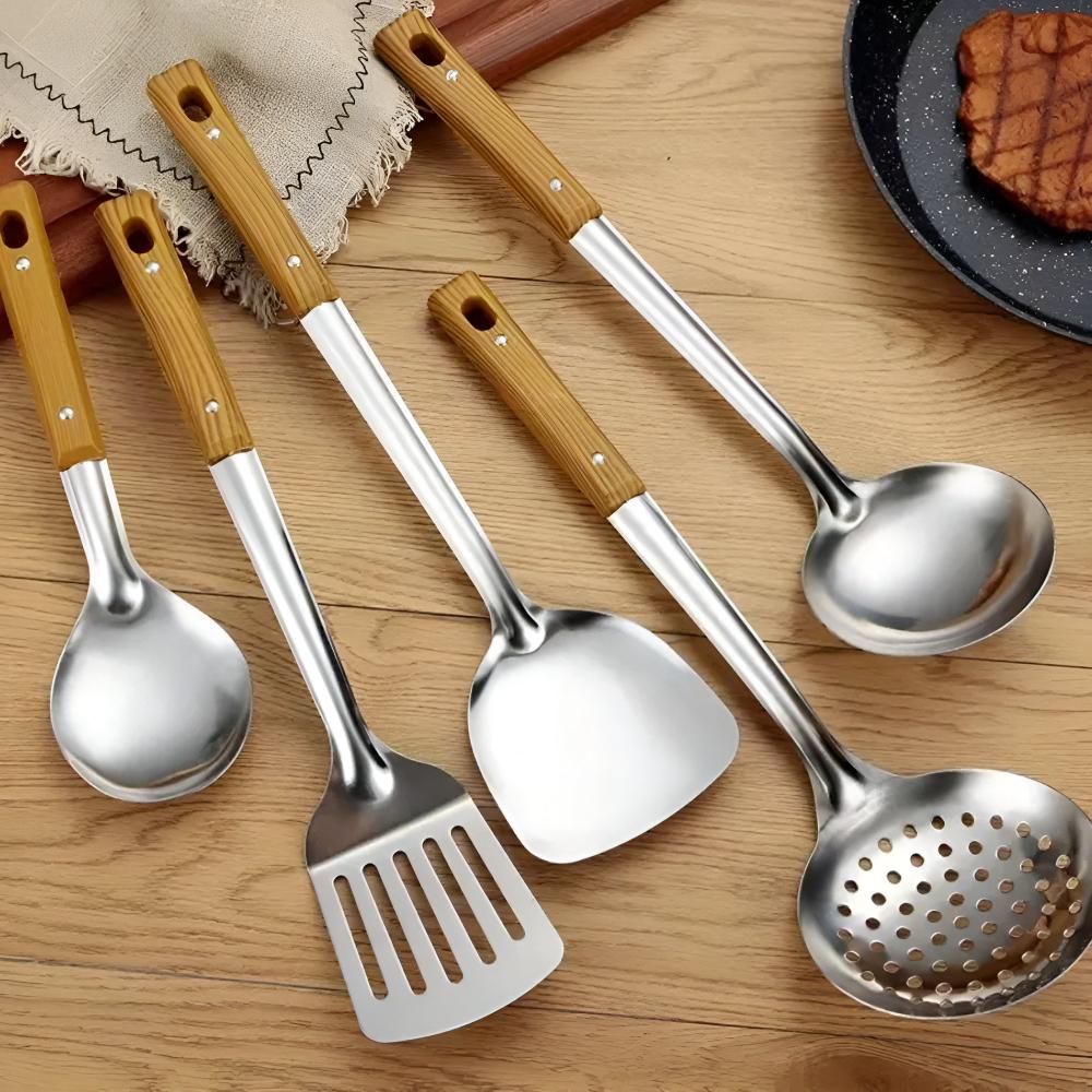 Luxury 5-Piece Stainless Steel Kitchen Utensil Set with Wooden Grip – Ergonomic Cooking Utensils for Stylish Kitchenware-4