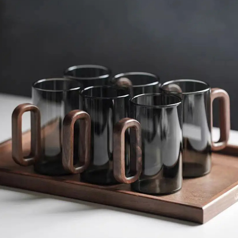 Lucente Tinted Glass & Walnut Mugs