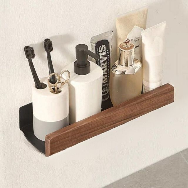 Rustic Solid Wood Bathroom Rack with Drill-Free Installation – Space-Saving and Water-Resistant Shelf for Toiletries-2