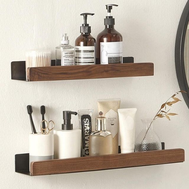Rustic Solid Wood Bathroom Rack with Drill-Free Installation – Space-Saving and Water-Resistant Shelf for Toiletries-3