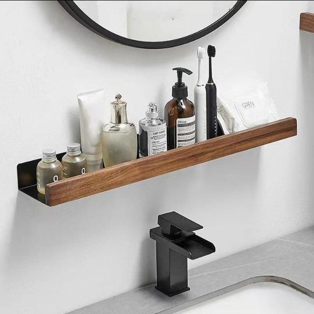 Rustic Solid Wood Bathroom Rack with Drill-Free Installation – Space-Saving and Water-Resistant Shelf for Toiletries-4