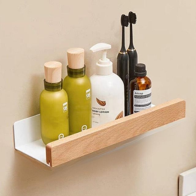 Variant image for Rustic Solid Wood Bathroom Rack with Drill-Free Installation – Space-Saving and Water-Resistant Shelf for Toiletries-4