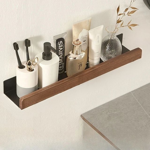 Rustic Solid Wood Bathroom Rack with Drill-Free Installation – Space-Saving and Water-Resistant Shelf for Toiletries-5