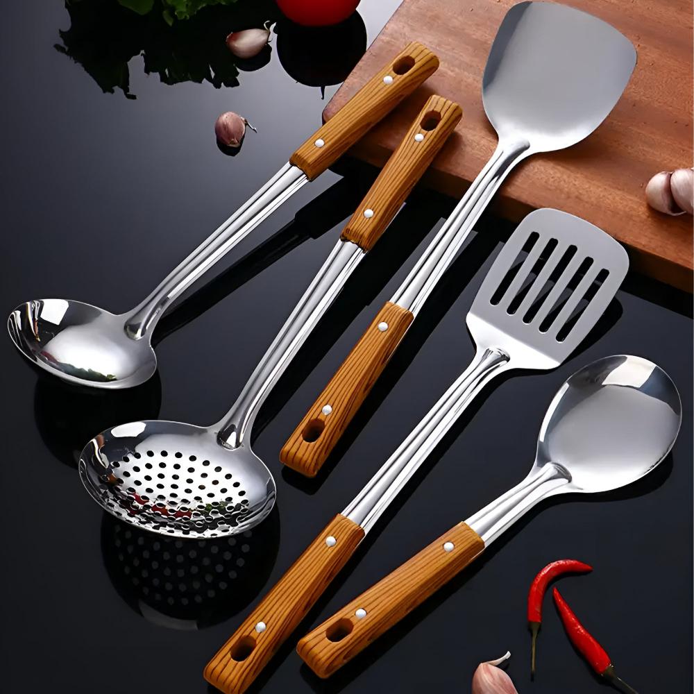 Luxury 5-Piece Stainless Steel Kitchen Utensil Set with Wooden Grip – Ergonomic Cooking Utensils for Stylish Kitchenware-2