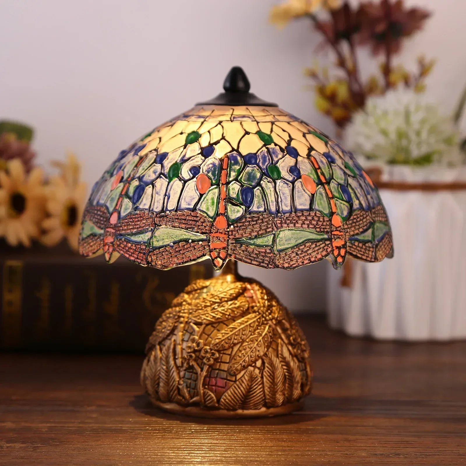 Vintage Stained Glass Table Lamp with Dragonfly Design – Elegant Nightstand or Desk Lamp for Bedroom and Home Decor-3