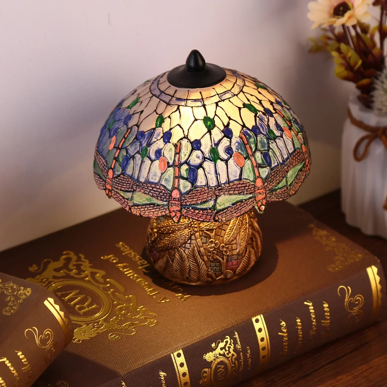 Vintage Stained Glass Table Lamp with Dragonfly Design – Elegant Nightstand or Desk Lamp for Bedroom and Home Decor-2