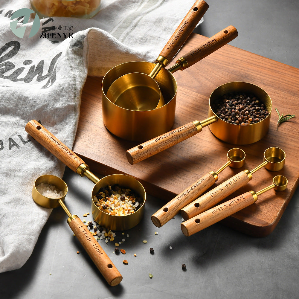 Variant image for Stainless Steel Measuring Cups and Spoons Set – 8-Piece Kitchen Tools with Solid Oak Handles for Precision Measurements-3