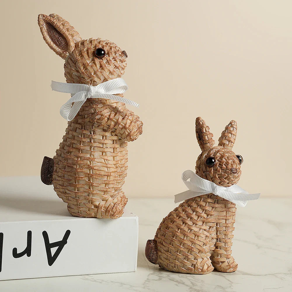 Hoply Rustic Wicker Rabbit Figurines