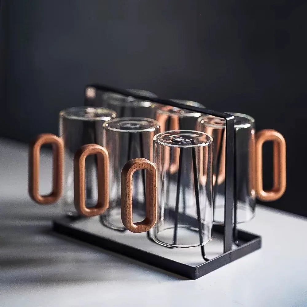 Rustic Glass Coffee Mug with Wooden Handle – 350ml Heat-Resistant Drinkware for Stylish Coffee and Tea-5