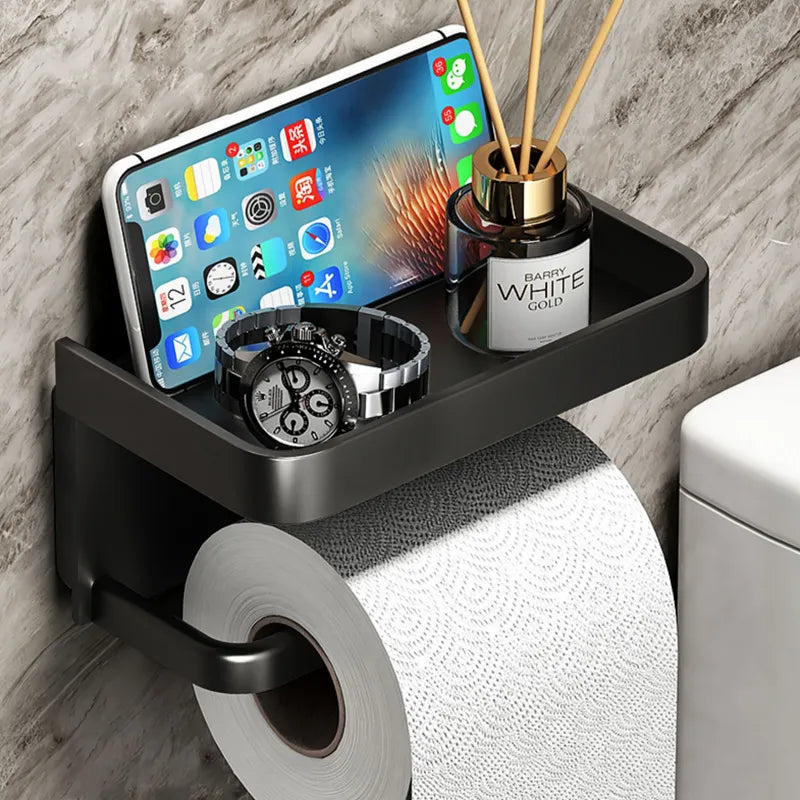 Modern Toilet Paper Holder Stand with Storage Board – Durable Aluminum Design for Organized Bathrooms-3