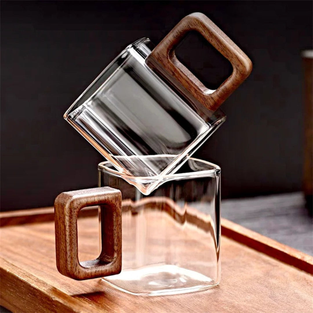 Square Glass Mug with Walnut Handle – Durable High-Borosilicate, 90ml Capacity, Ergonomic Design for Hot Beverages-1