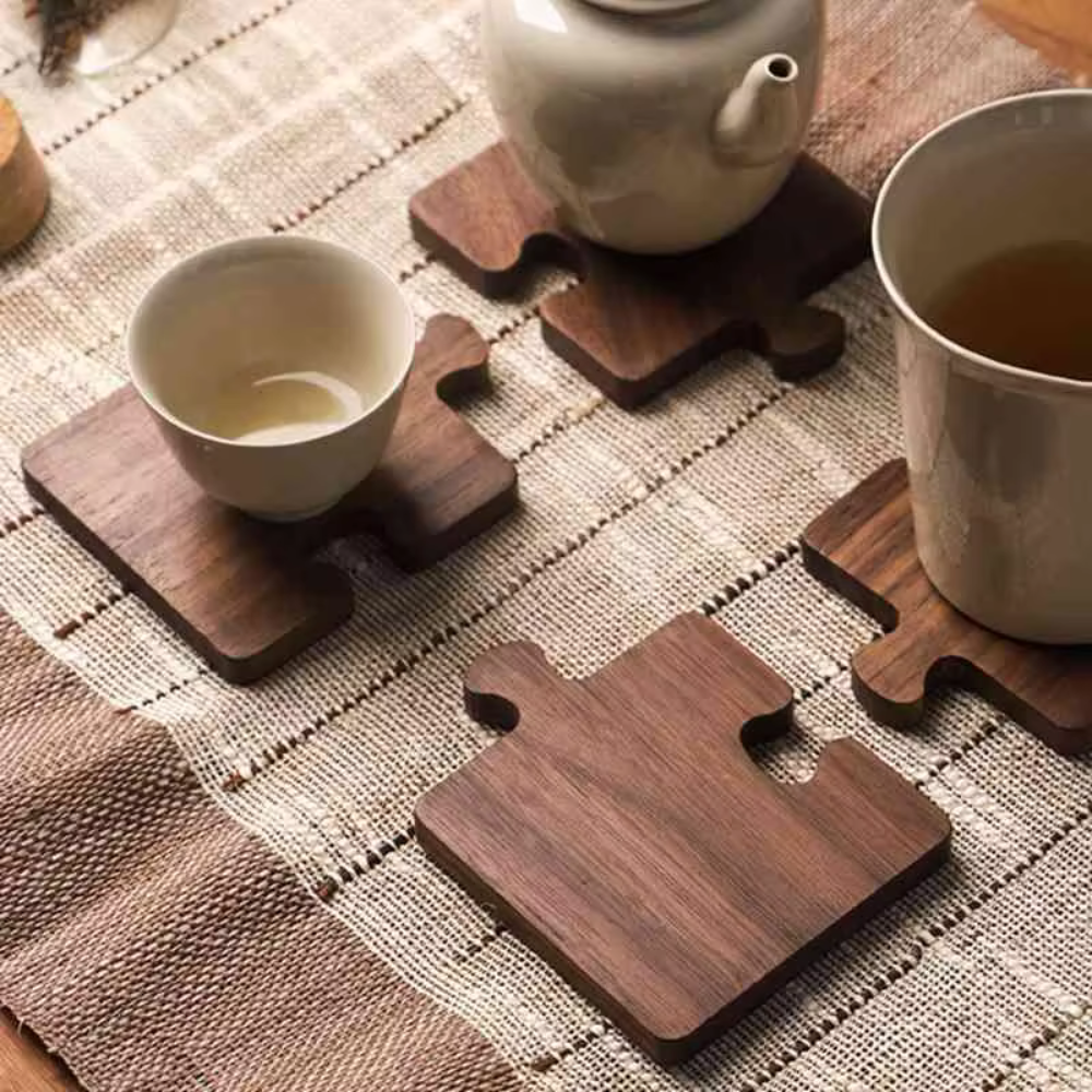 Artisan Crafted Wooden Puzzle Coaster Set
