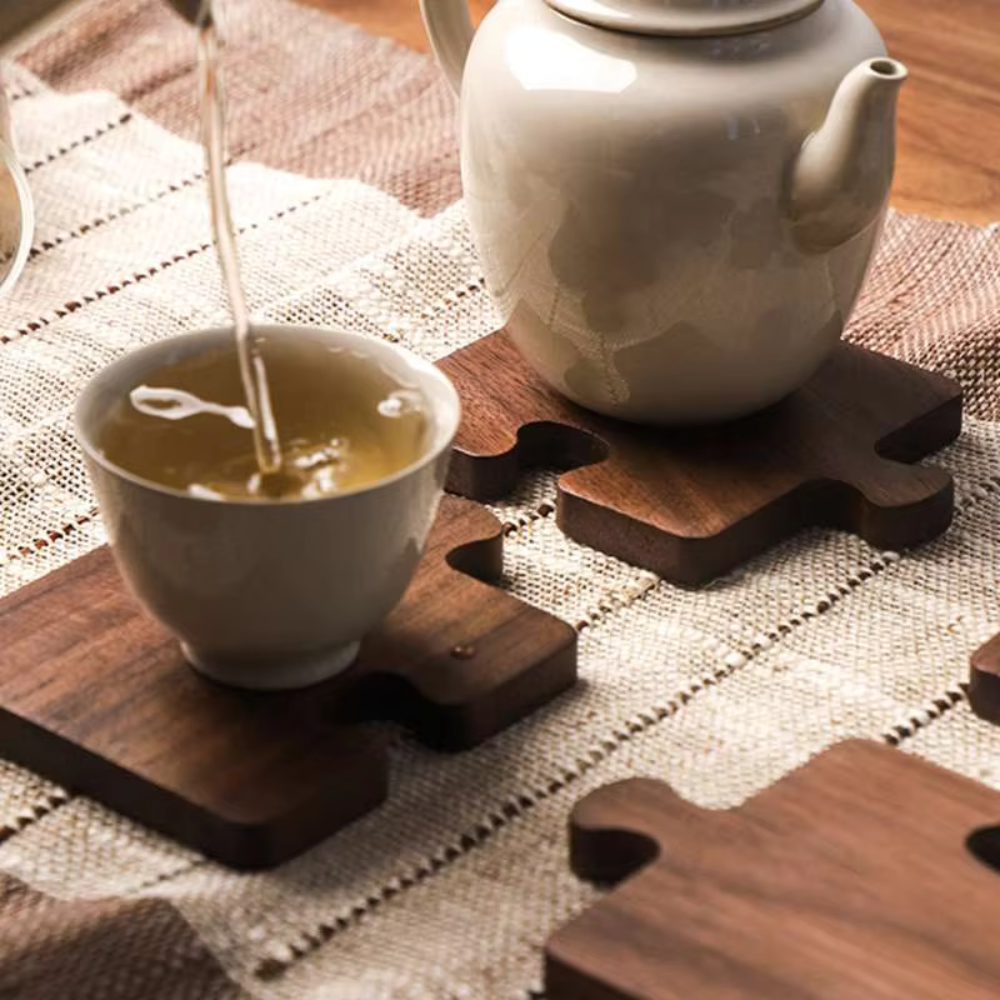 Artisan Crafted Wooden Puzzle Coaster Set