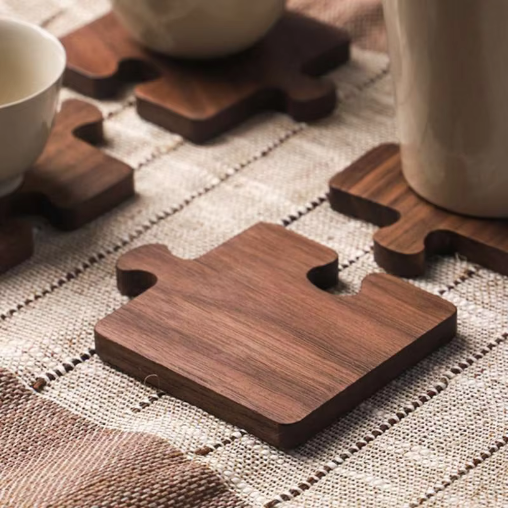 Artisan Crafted Wooden Puzzle Coaster Set