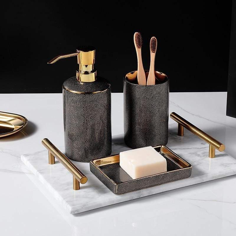 Elegant Ceramic Bathroom Accessory Set with Gold Accents – Complete 4-Piece Bathroom Sets for Organized Style-2