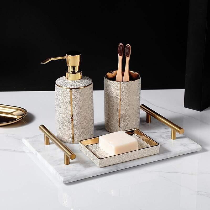 Elegant Ceramic Bathroom Accessories Set with Gold Accents – Complete 4-Piece Organizer for Chic Decoration-3