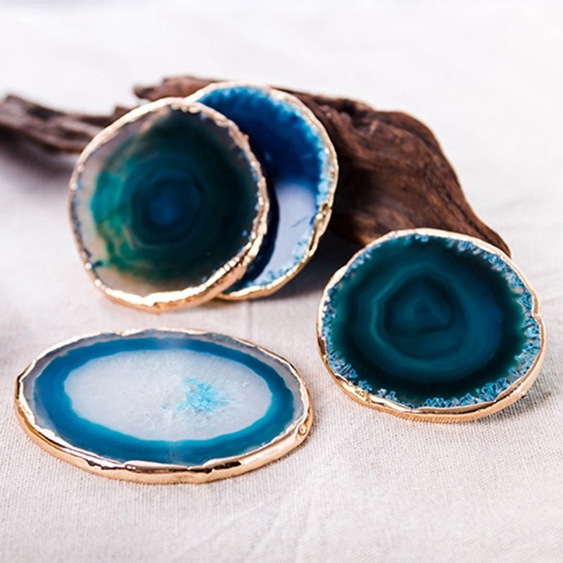 Luxury Blue Agate Coaster Set – Unique Natural Stone Coasters with Gold Accents, Perfect for Home Decor and Drinks-6