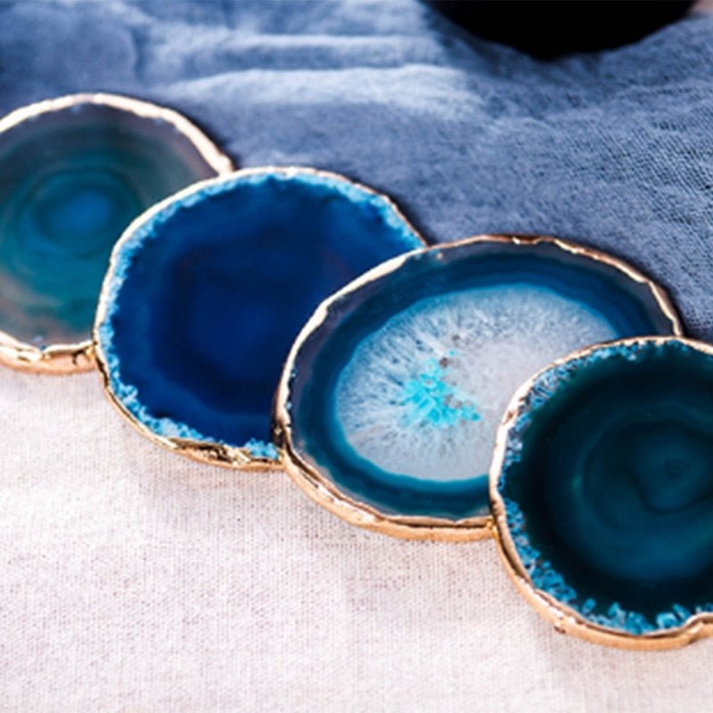 Luxury Blue Agate Coaster Set – Unique Natural Stone Coasters with Gold Accents, Perfect for Home Decor and Drinks-5