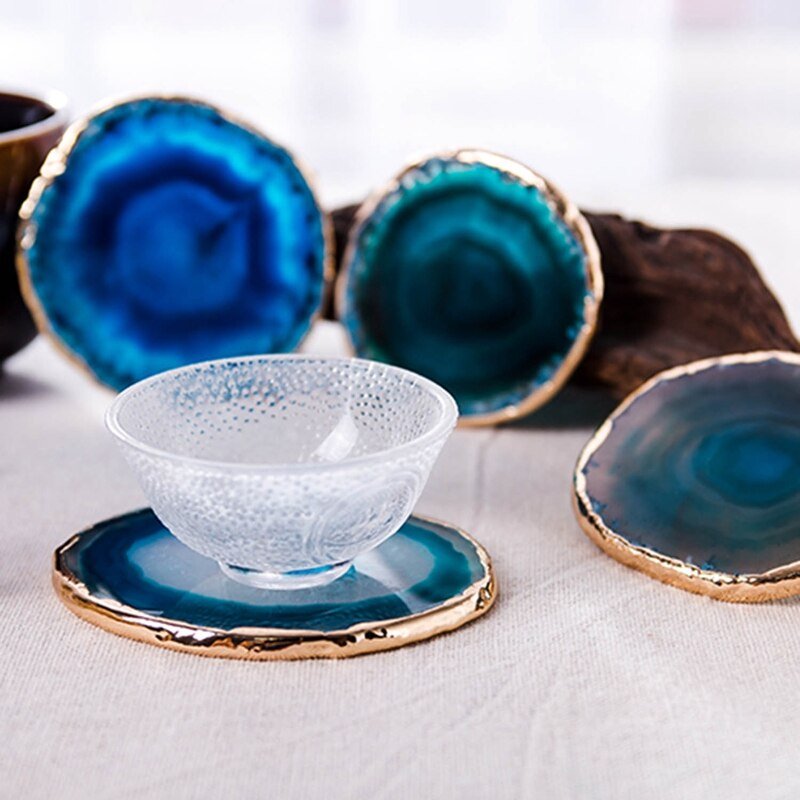 Luxury Blue Agate Coaster Set with Gold Accents – Unique Natural Stone Coasters for Elegant Home Decor-3