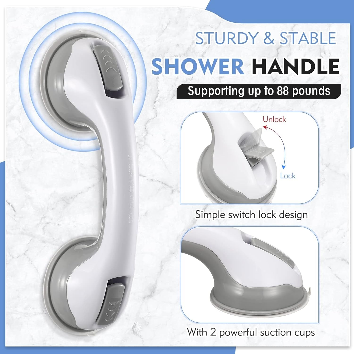 Suction Grab Bars for Shower – Non-Slip Bathroom Grab Bars for Elderly and Seniors, Easy Installation, Secure Grip-6