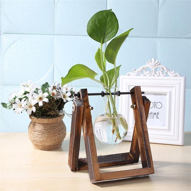 Artisan Glass Plant Propagation Vessel with Rustic A-Frame Stand
