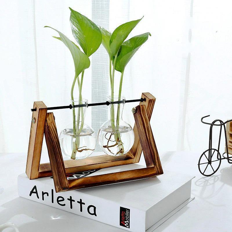 Artisan Glass Plant Propagation Vessel with Rustic A-Frame Stand