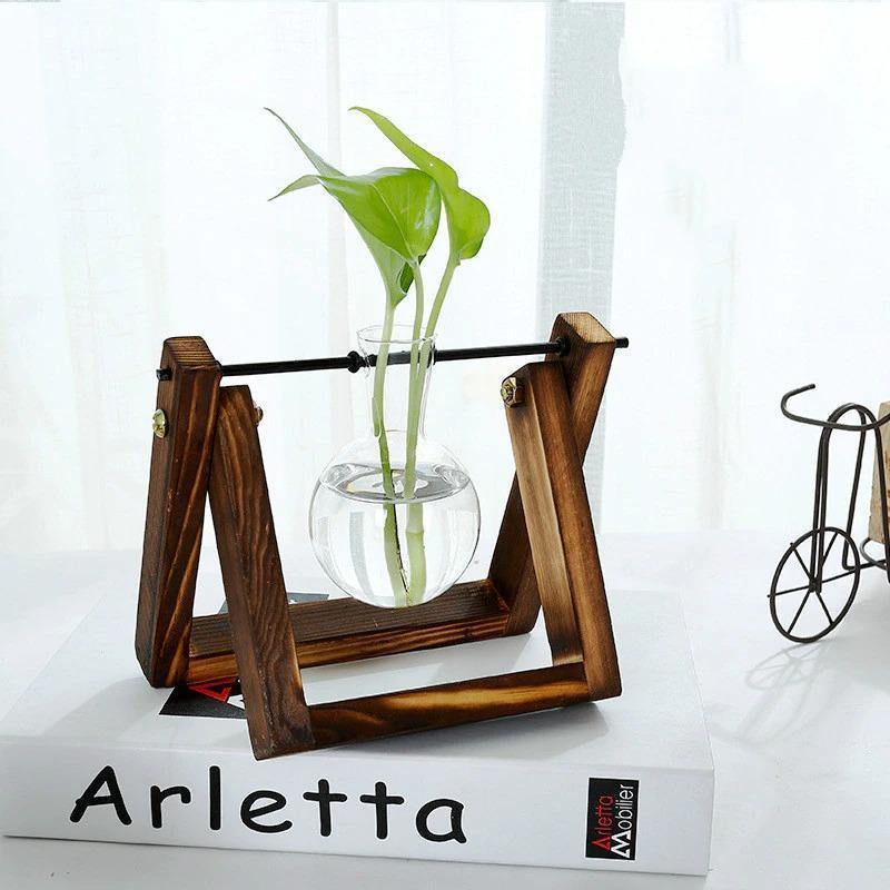 Artisan Glass Plant Propagation Vessel with Rustic A-Frame Stand